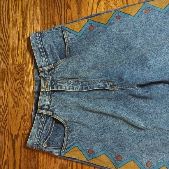 Vtg Bill Blass southwest hand painted design denim tapered stonewash jeans sz 32 - Picture 2 of 10